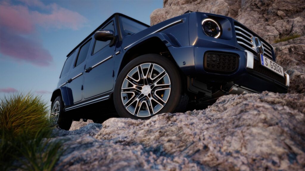 Nahaufnahme eines Rades und der Karosserie einer Mercedes-Benz G-Klasse.