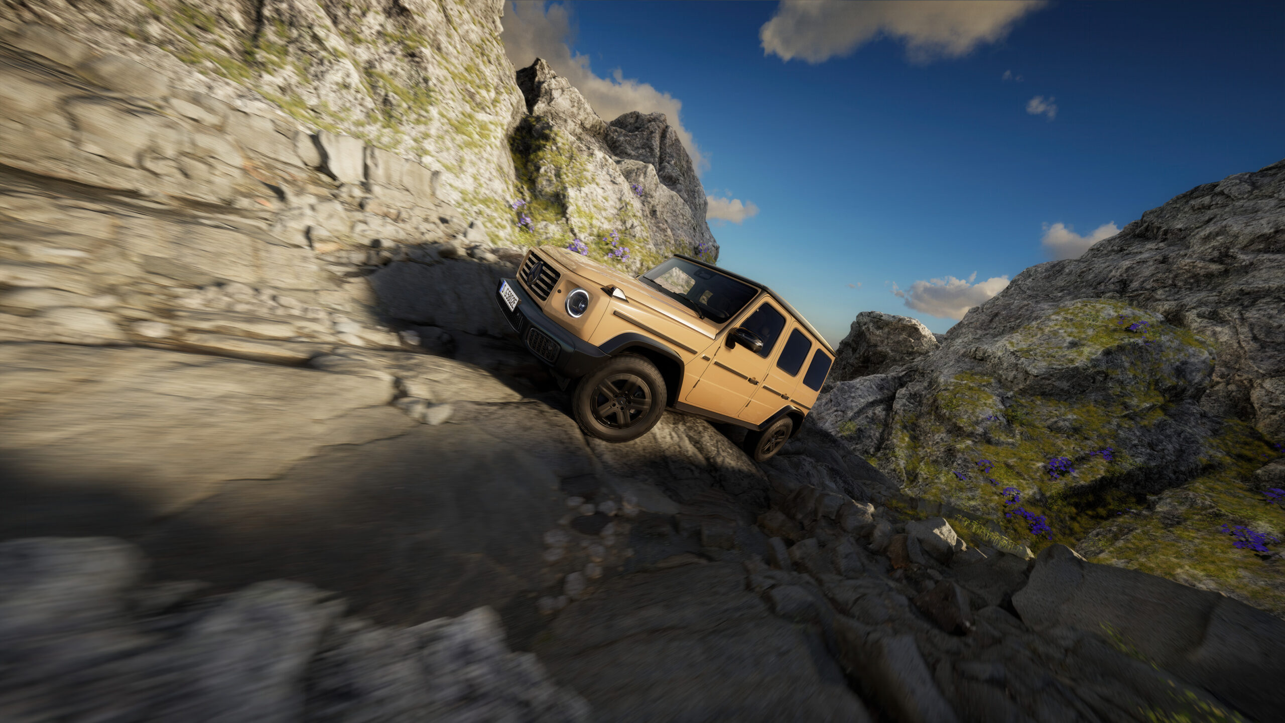 Mercedes-Benz G-Klasse erklimmt eine steinige Bergstrecke.